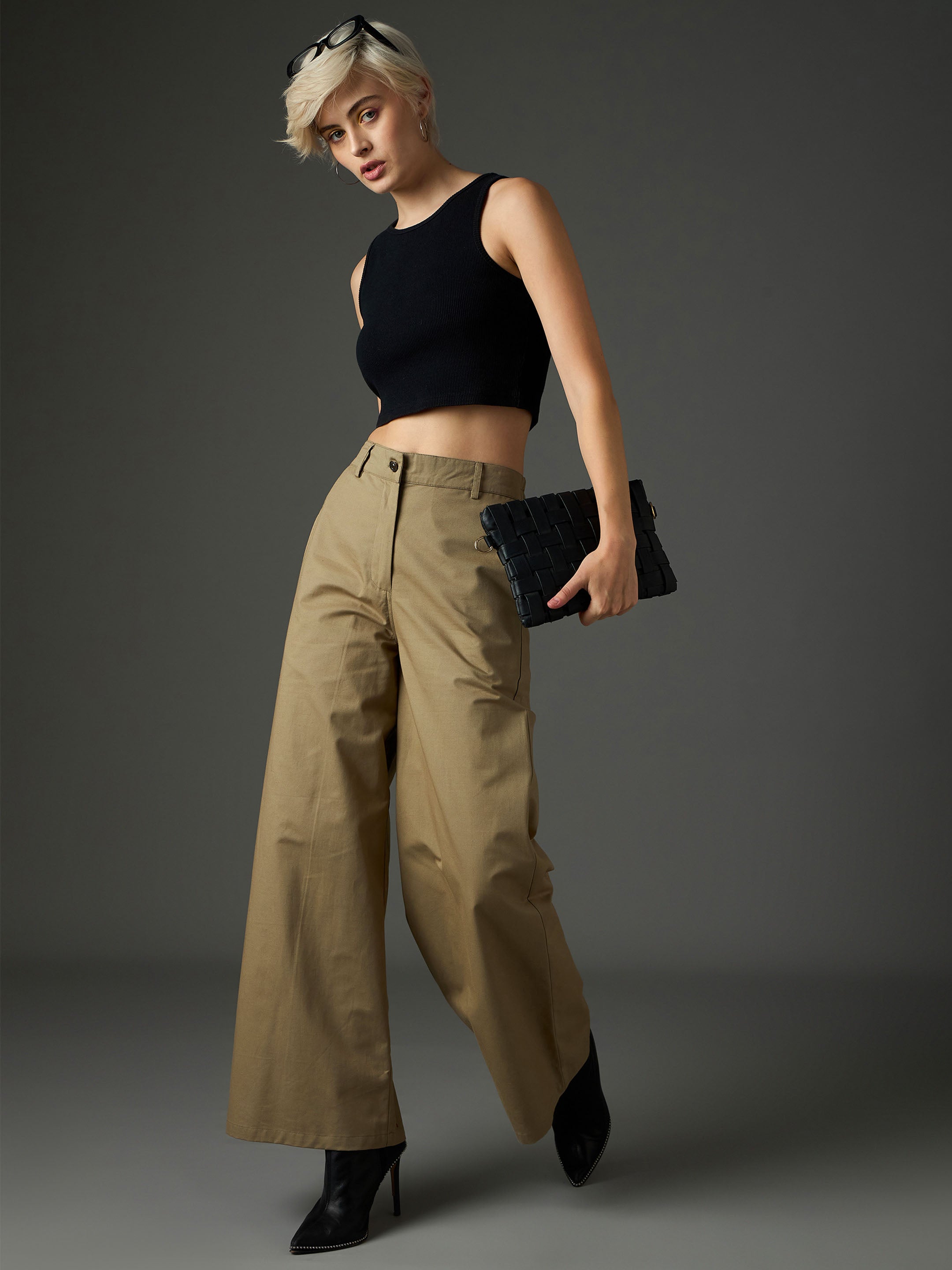 Women Pastel Olive Twill Flared Pants-SFPANT51329