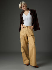 Women Beige Twill Box Pocket Straight Cargo Pants-SFPANT51330