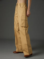 Women Beige Twill Box Pocket Straight Cargo Pants-SFPANT51330