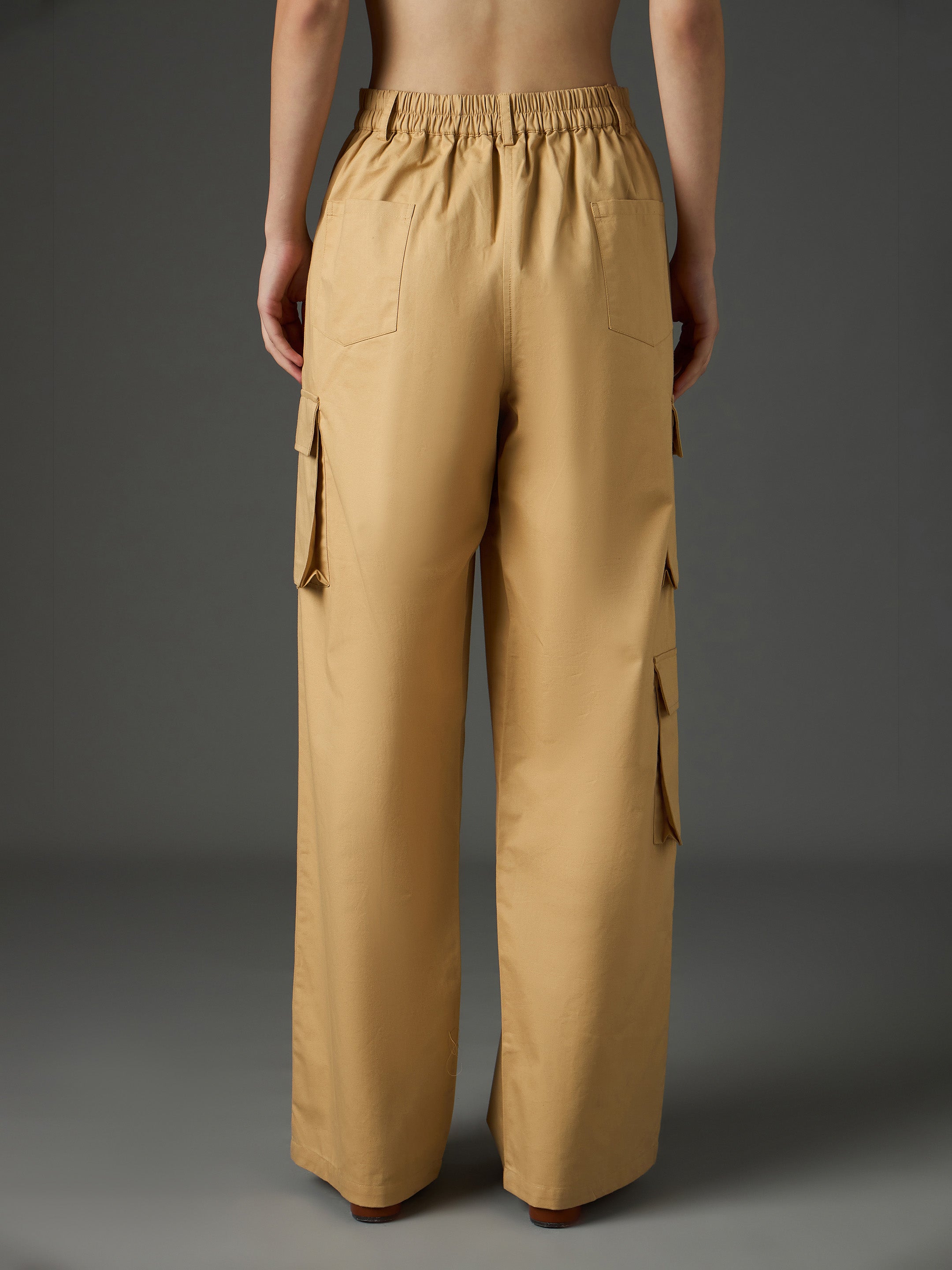 Women Beige Twill Box Pocket Straight Cargo Pants-SFPANT51330