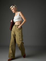 Women Olive Twill Box Pocket Straight Cargo Pants-SFPANT51331