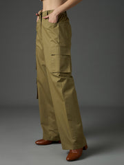 Women Olive Twill Box Pocket Straight Cargo Pants-SFPANT51331