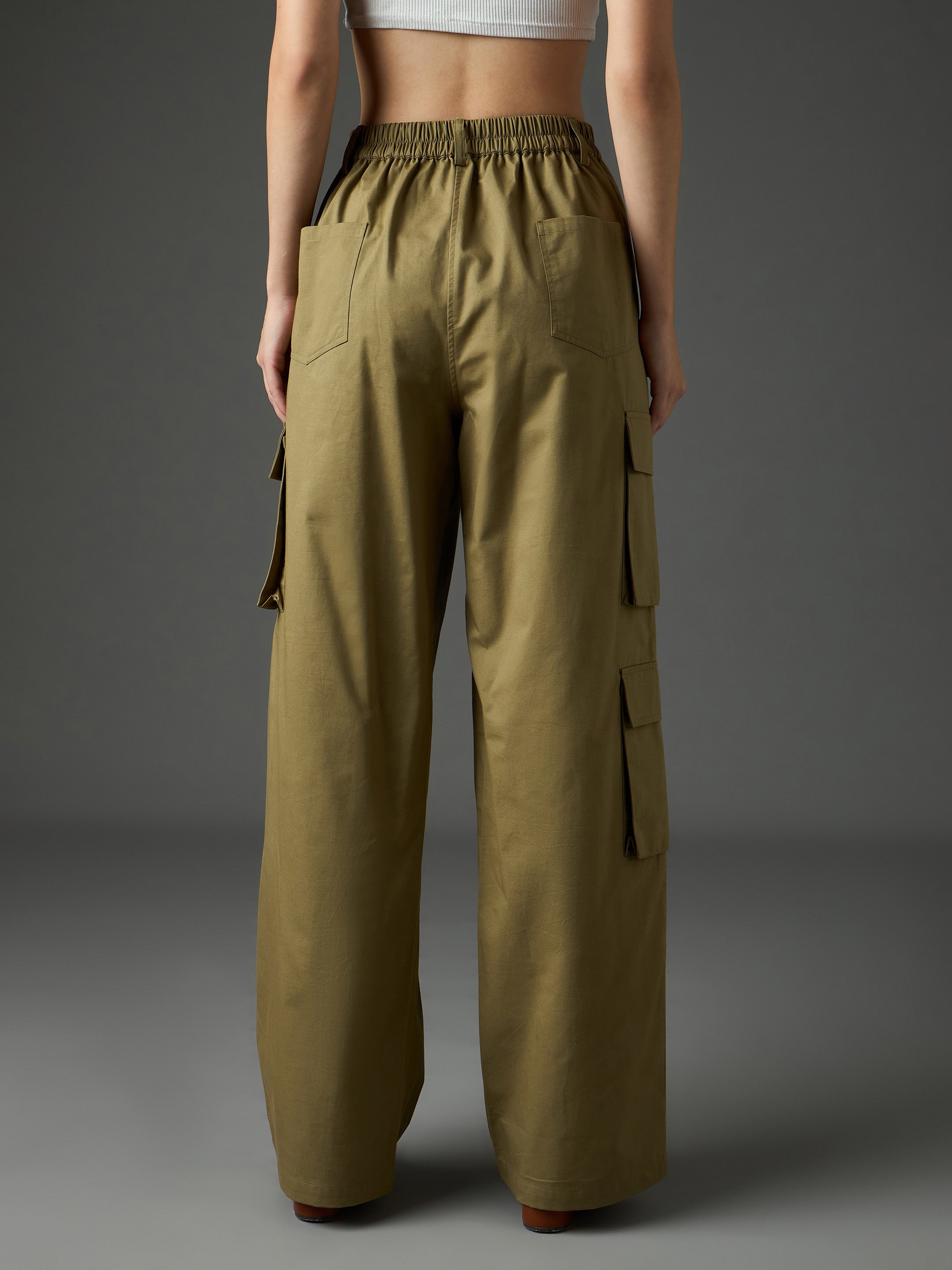 Women Olive Twill Box Pocket Straight Cargo Pants-SFPANT51331