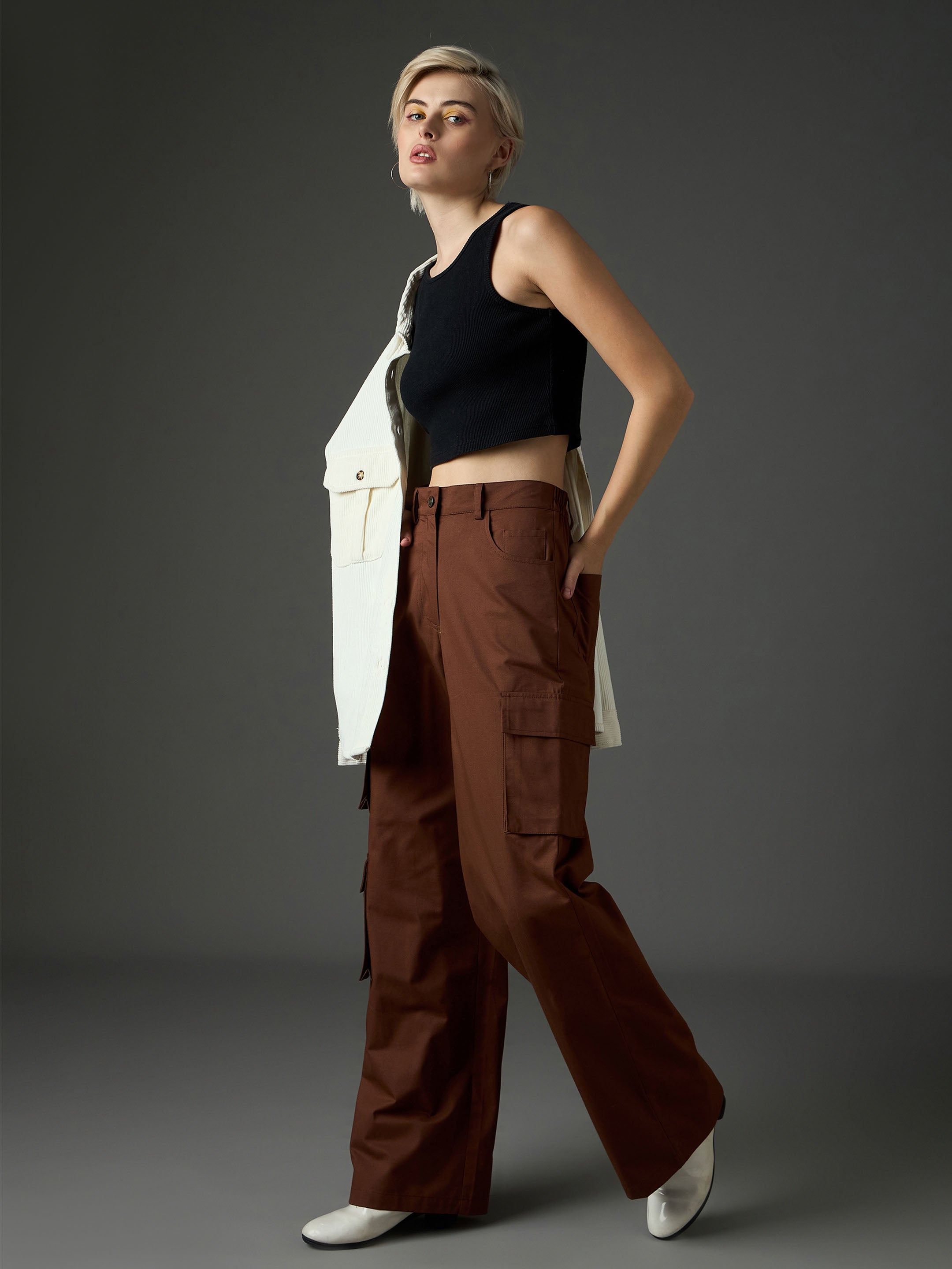Women Brown Twill Box Pocket Straight Cargo Pants-SFPANT51332