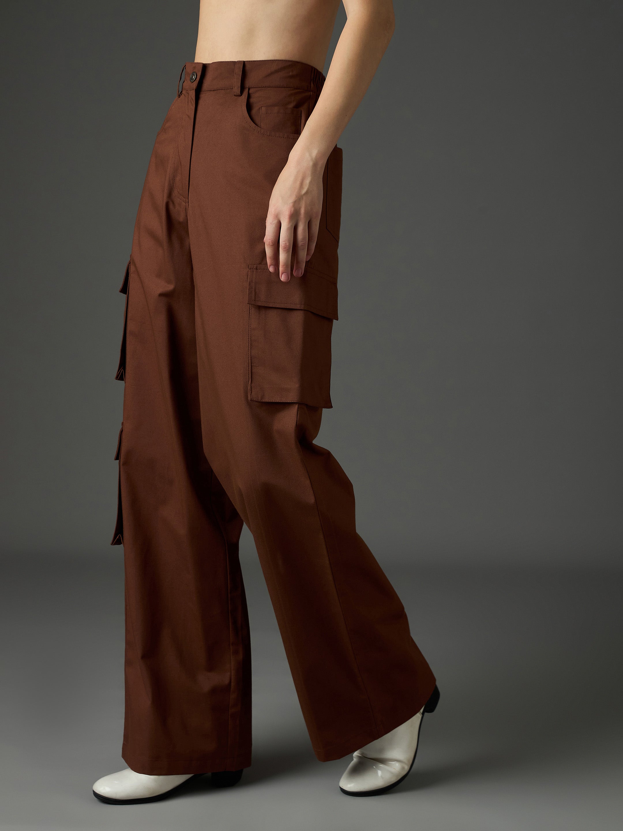 Women Brown Twill Box Pocket Straight Cargo Pants-SFPANT51332