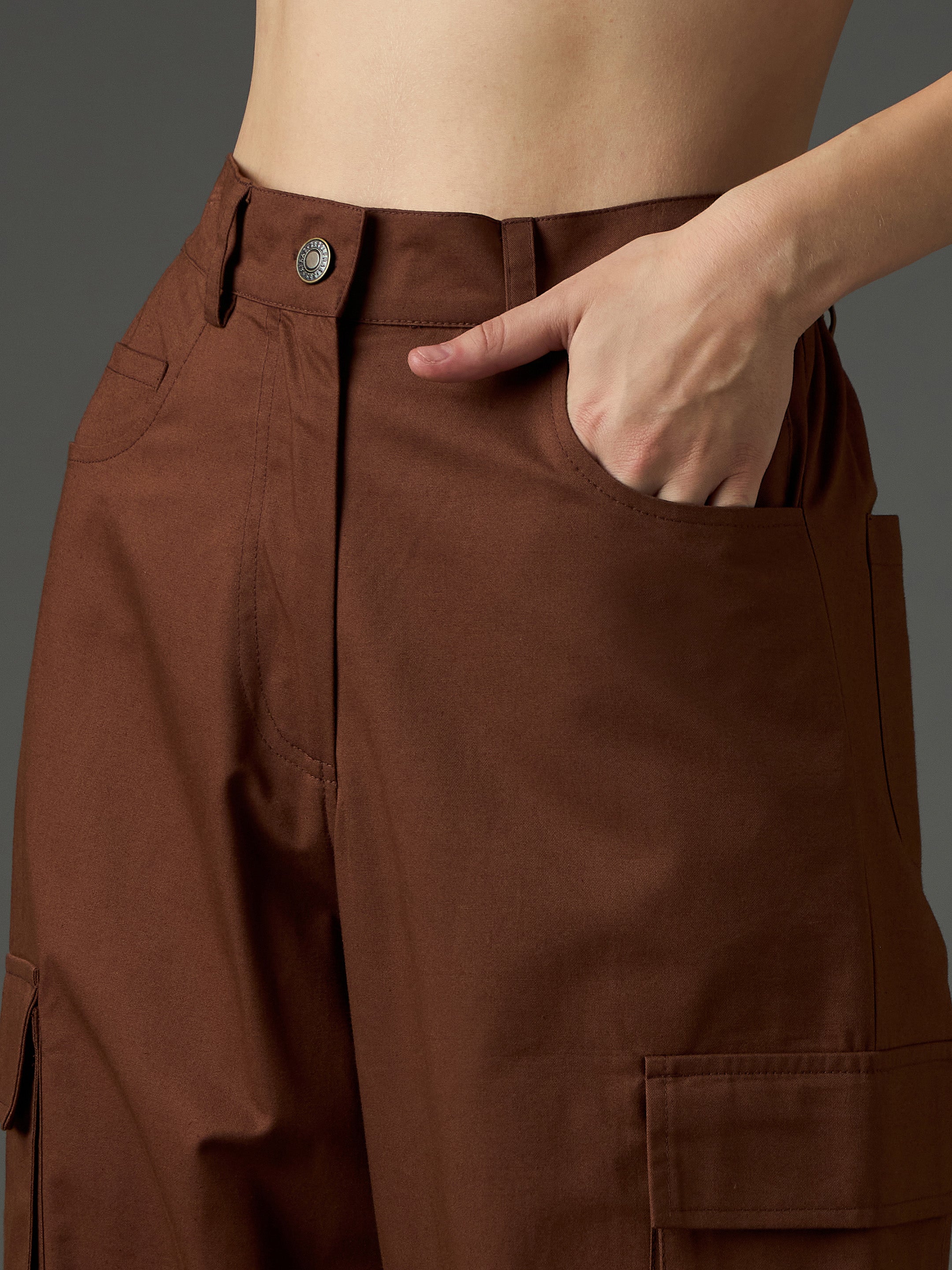 Women Brown Twill Box Pocket Straight Cargo Pants-SFPANT51332