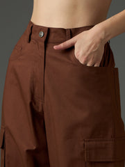 Women Brown Twill Box Pocket Straight Cargo Pants-SFPANT51332