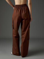 Women Brown Twill Box Pocket Straight Cargo Pants-SFPANT51332