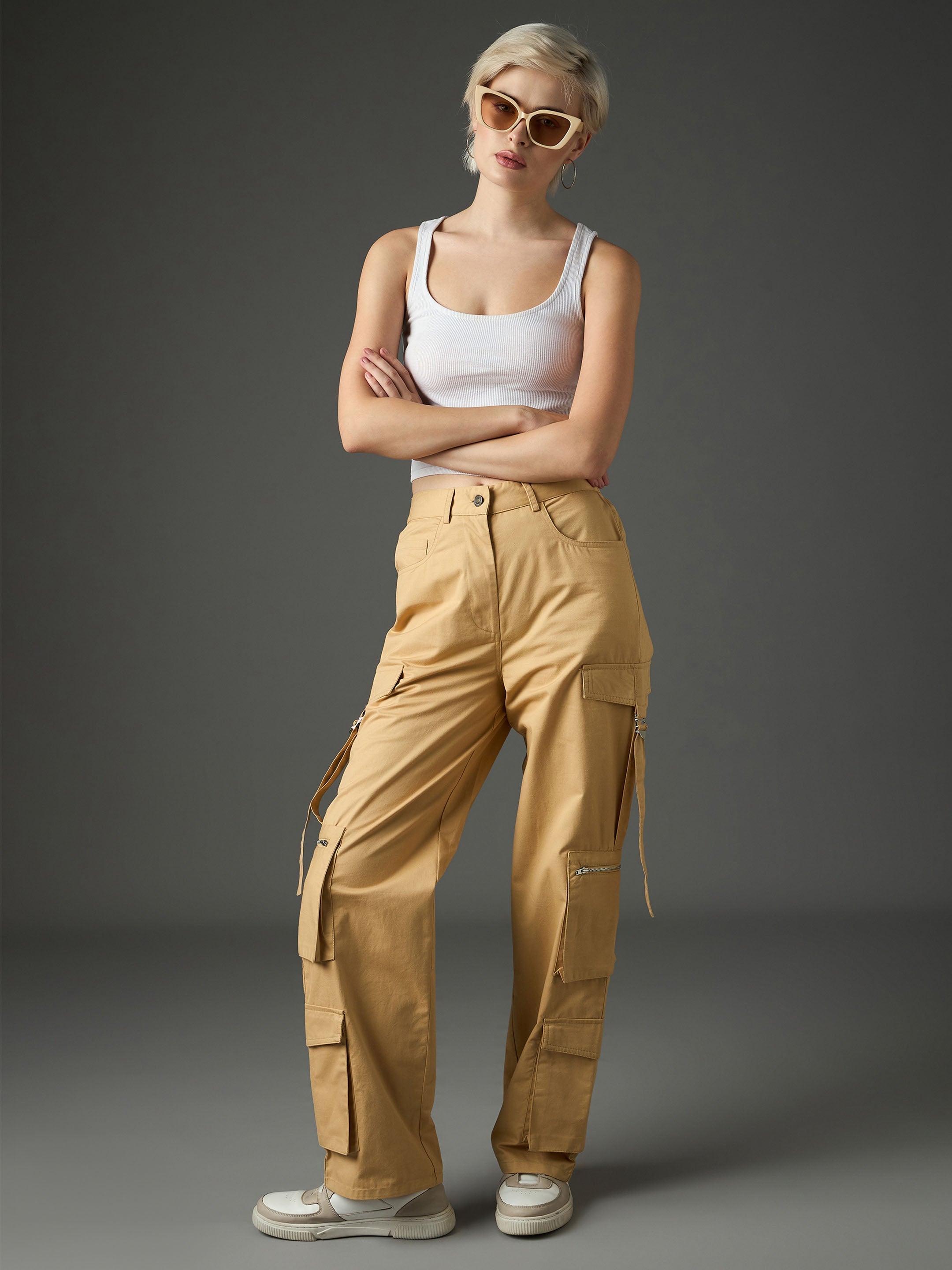 Women Beige Twill Zipper Pocket Cargo Straight Pants-SFPANT51333