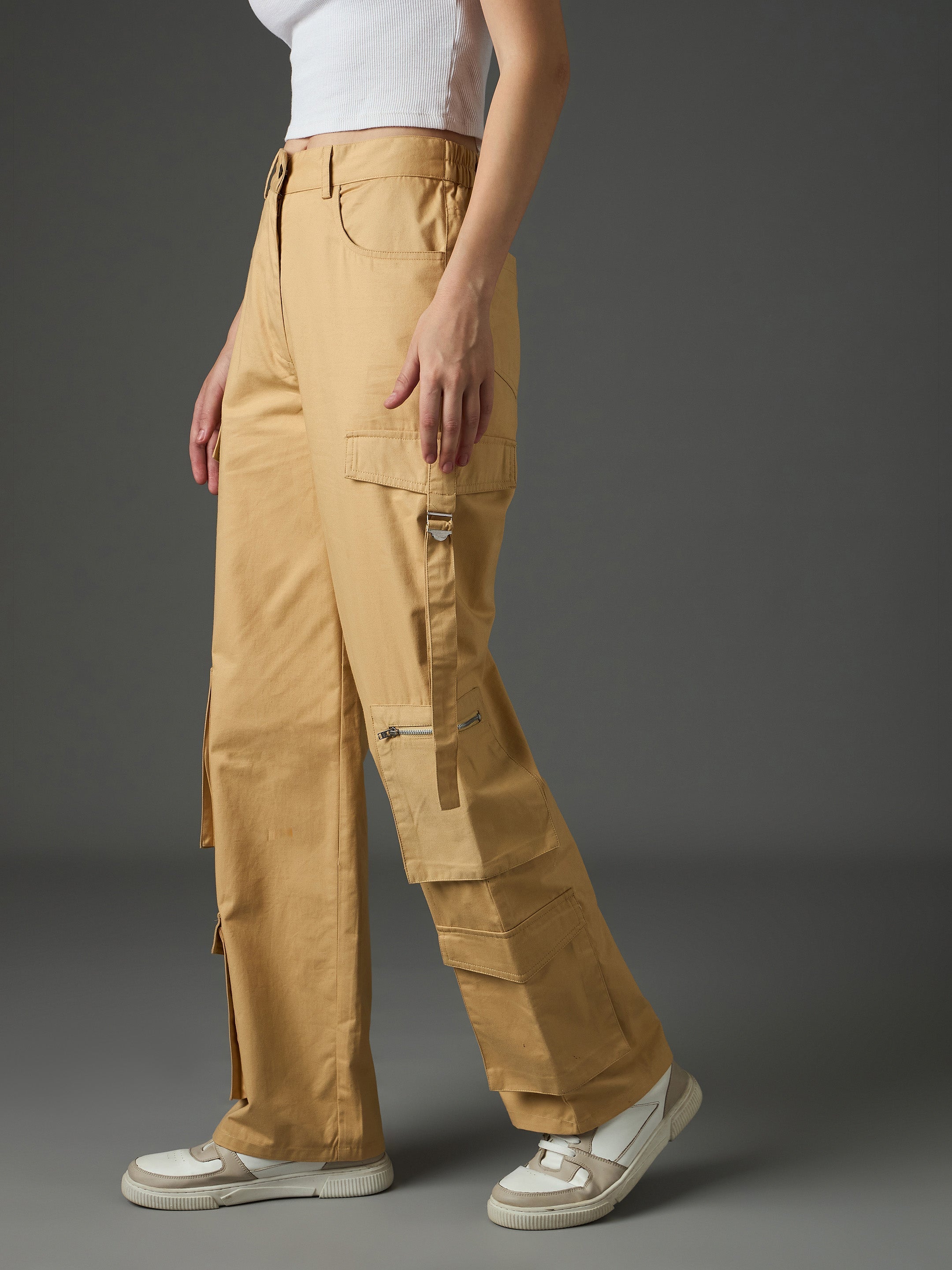 Women Beige Twill Zipper Pocket Cargo Straight Pants-SFPANT51333