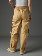 Women Beige Twill Zipper Pocket Cargo Straight Pants-SFPANT51333