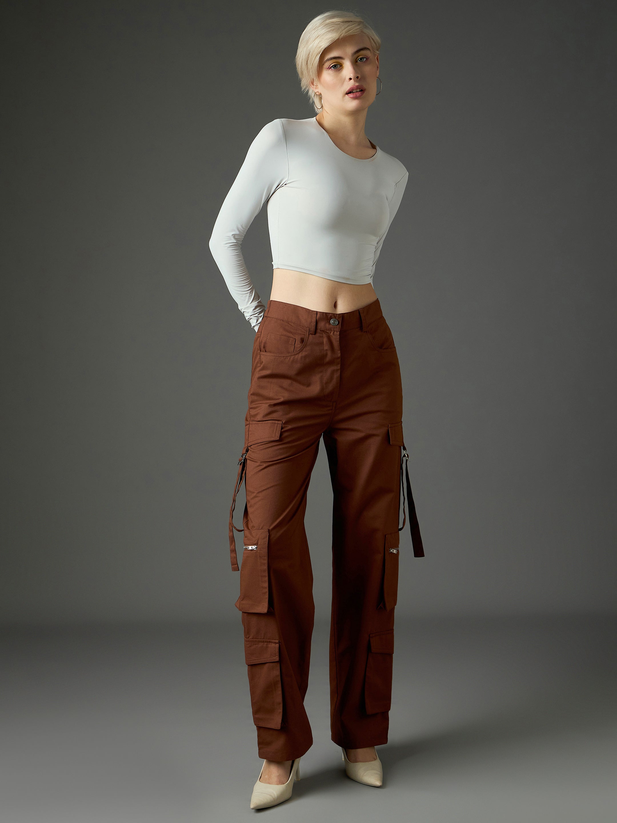 Women Brown Twill Zipper Pocket Cargo Straight Pants-SFPANT51334