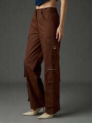 Women Brown Twill Zipper Pocket Cargo Straight Pants-SFPANT51334