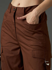 Women Brown Twill Zipper Pocket Cargo Straight Pants-SFPANT51334