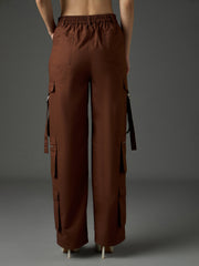 Women Brown Twill Zipper Pocket Cargo Straight Pants-SFPANT51334