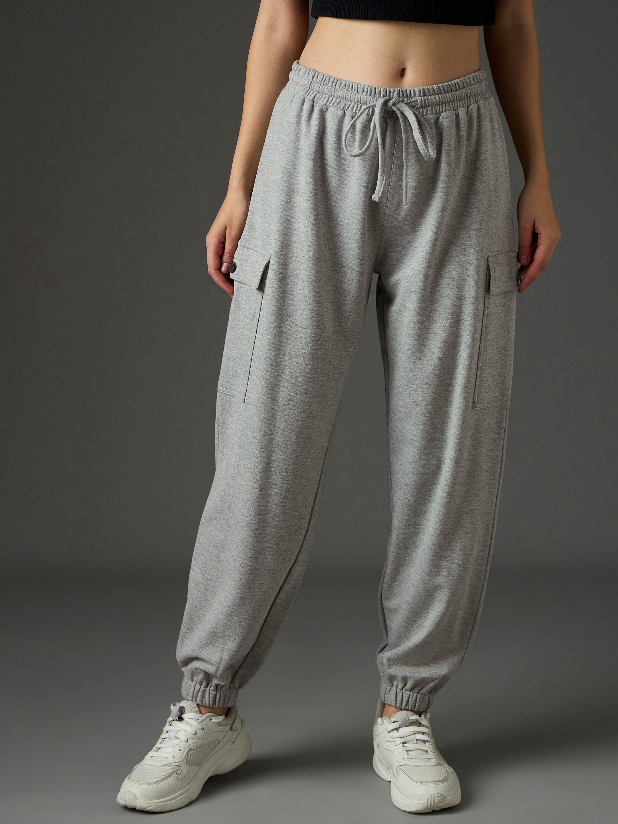 Women Grey Melange Side Pocket Joggers-SFPANT51341
