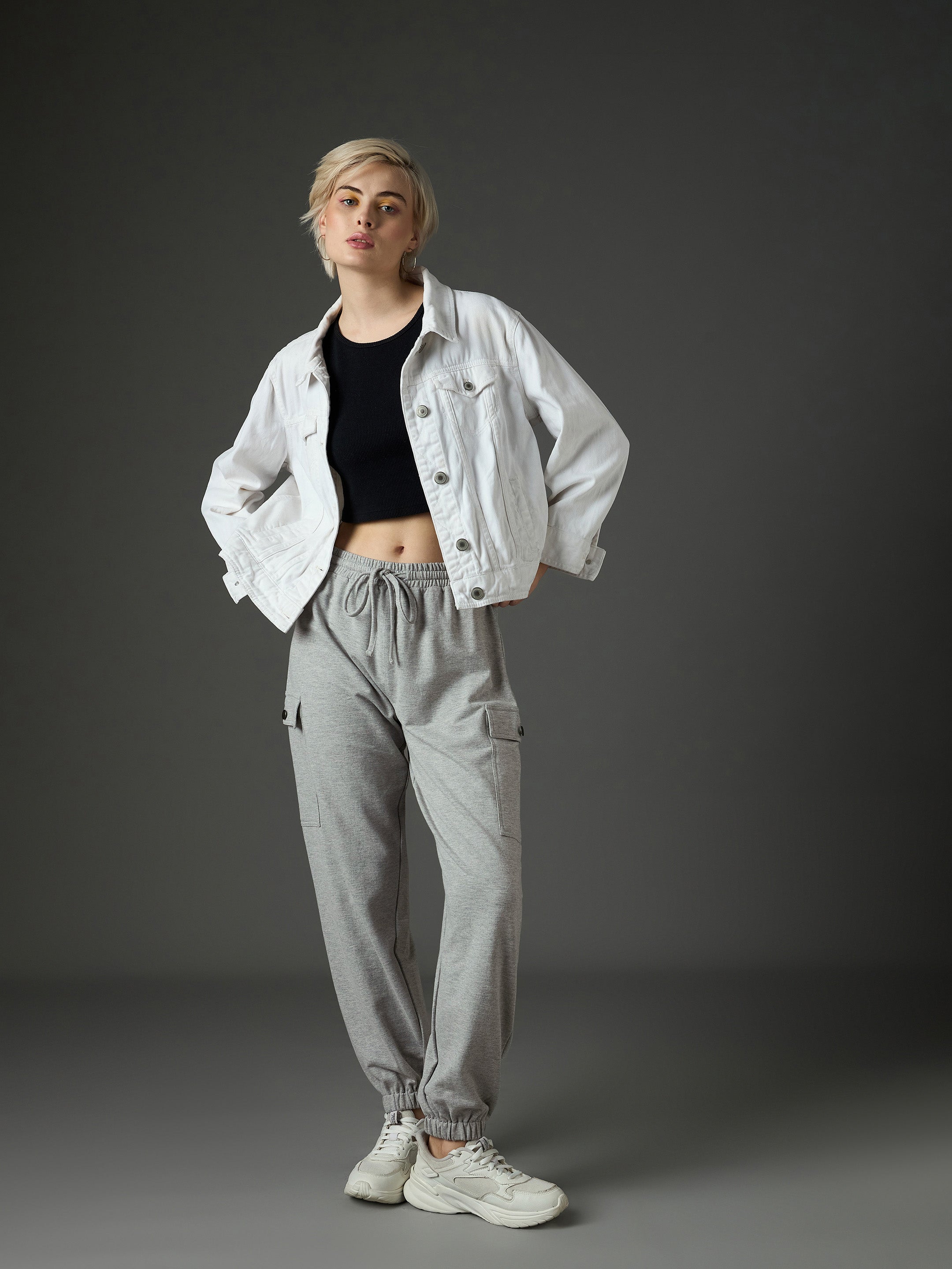 Women Grey Melange Side Pocket Joggers-SFPANT51341