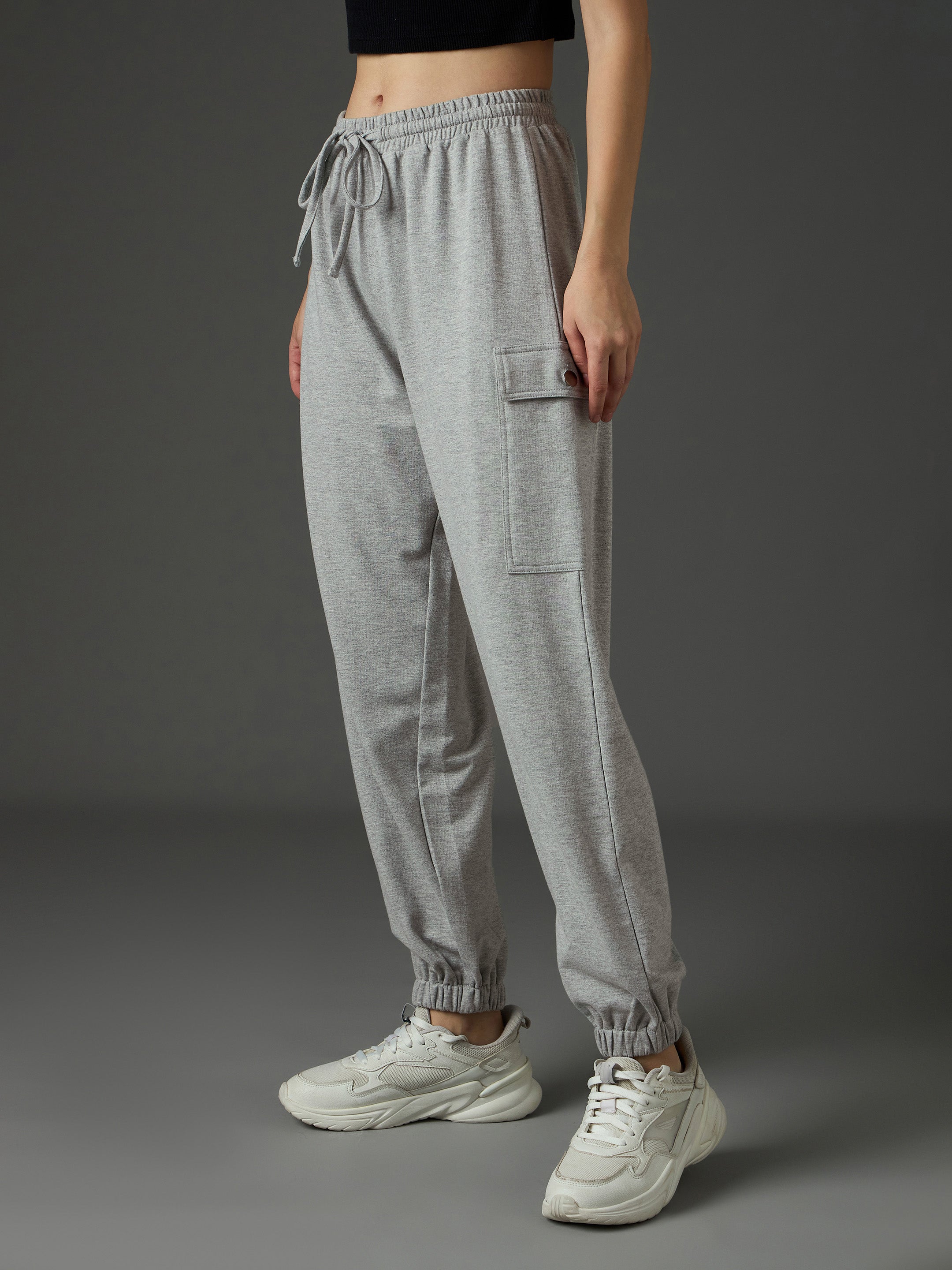 Women Grey Melange Side Pocket Joggers-SFPANT51341