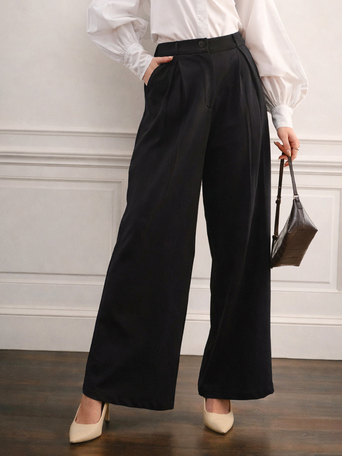 Women Black High-Rise Inverted Box Pleat Pants