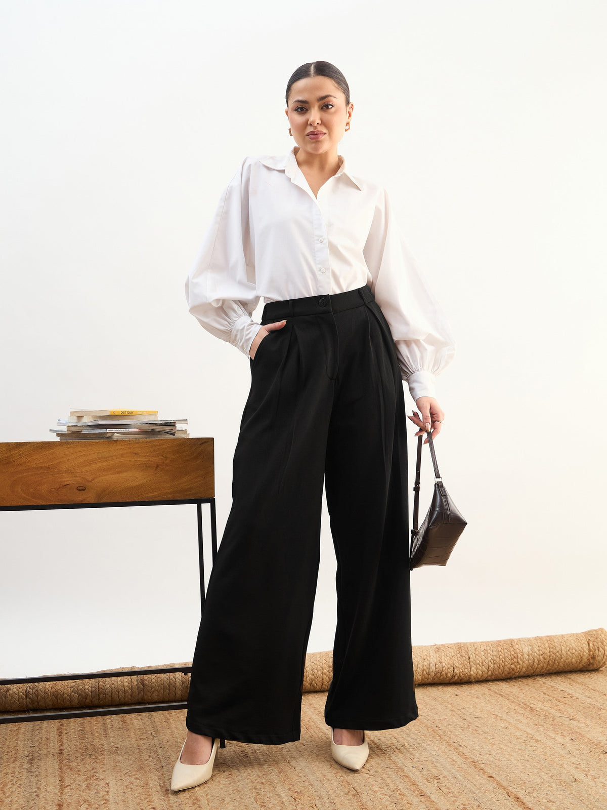 Women Black High-Rise Inverted Box Pleat Pants