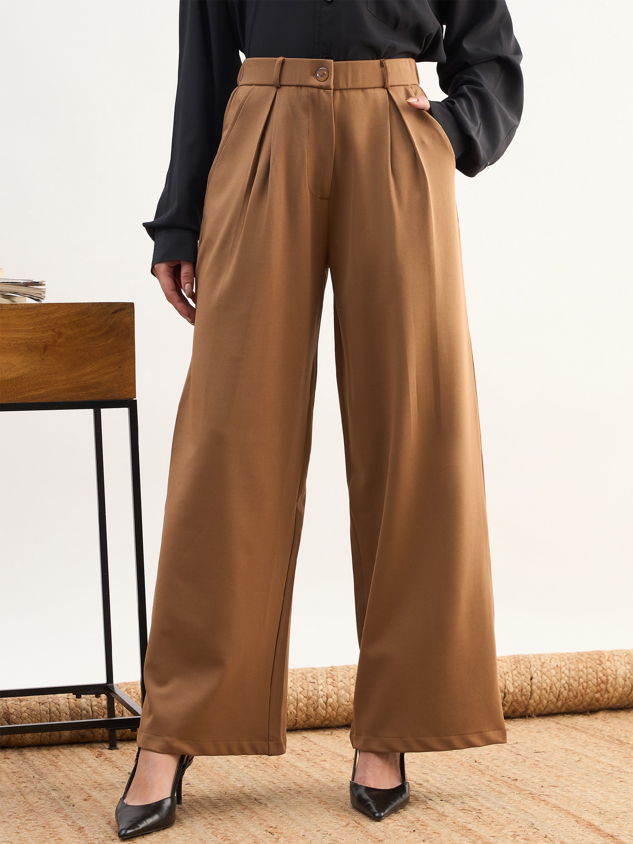 DesiQlo Tan Brown High-Rise Inverted Box Pleat Pants - Beige