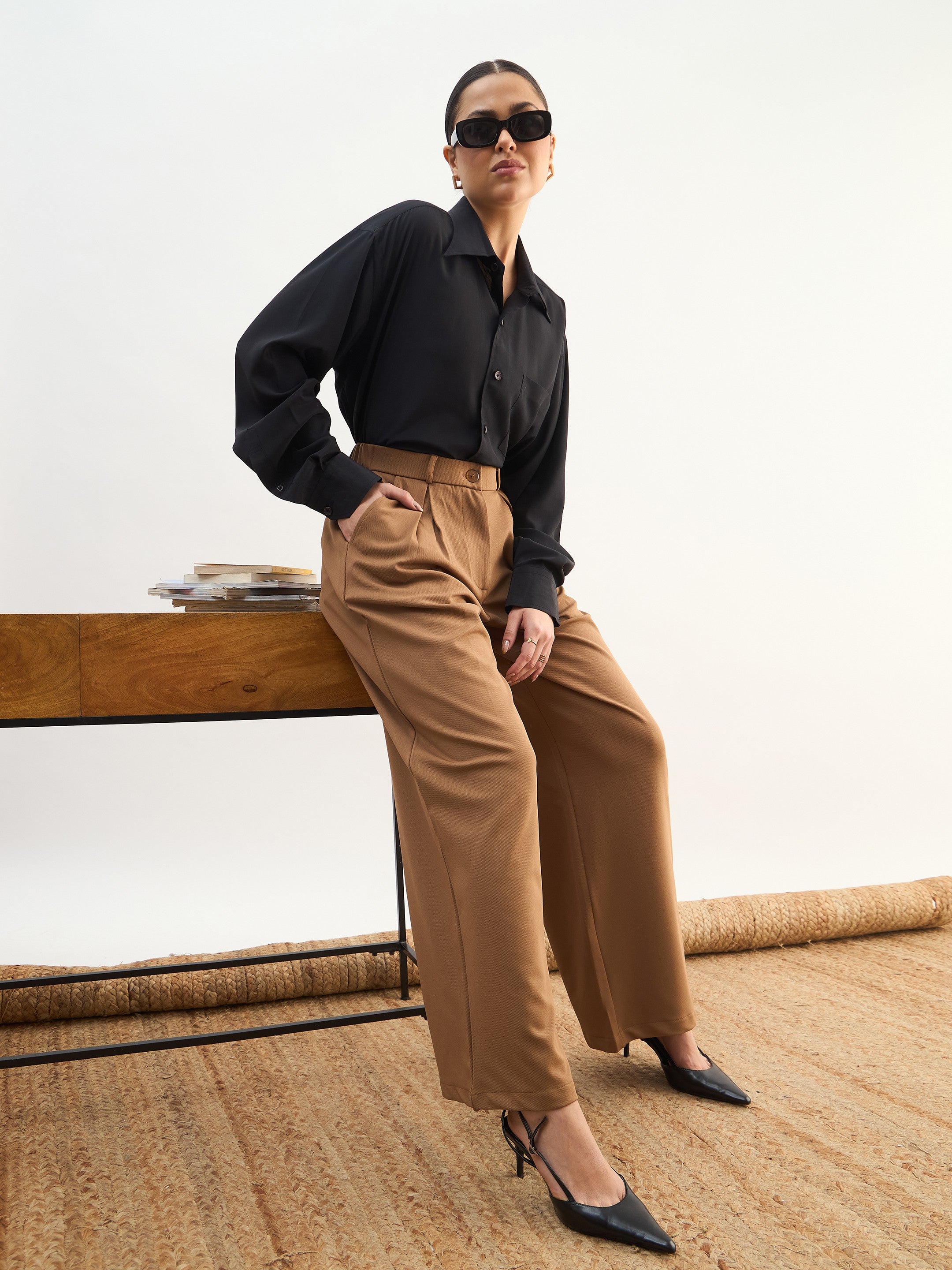 DesiQlo Tan Brown High-Rise Inverted Box Pleat Pants - Beige