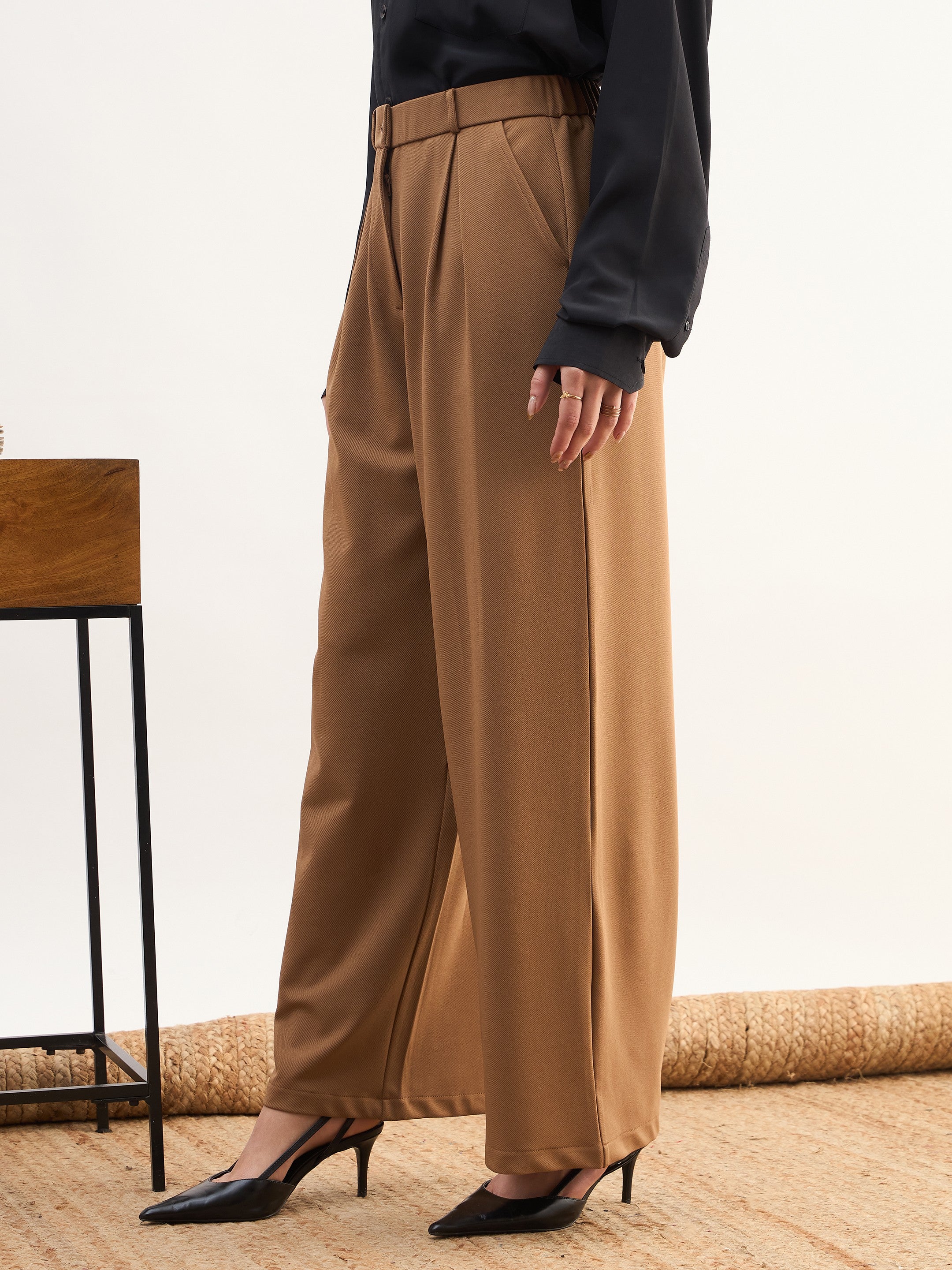 DesiQlo Tan Brown High-Rise Inverted Box Pleat Pants - Beige