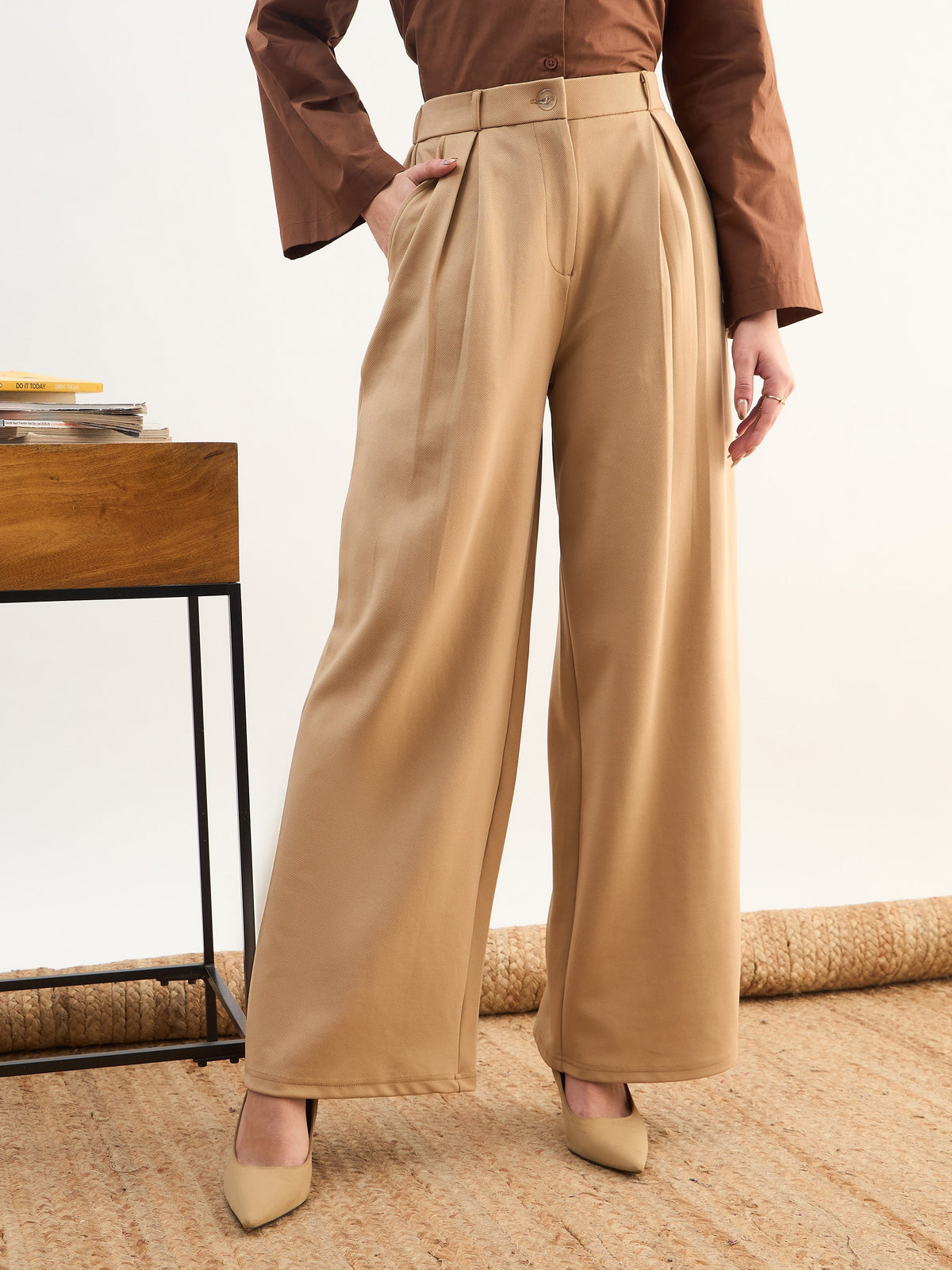 Women Beige High-Rise Inverted Box Pleat Pants