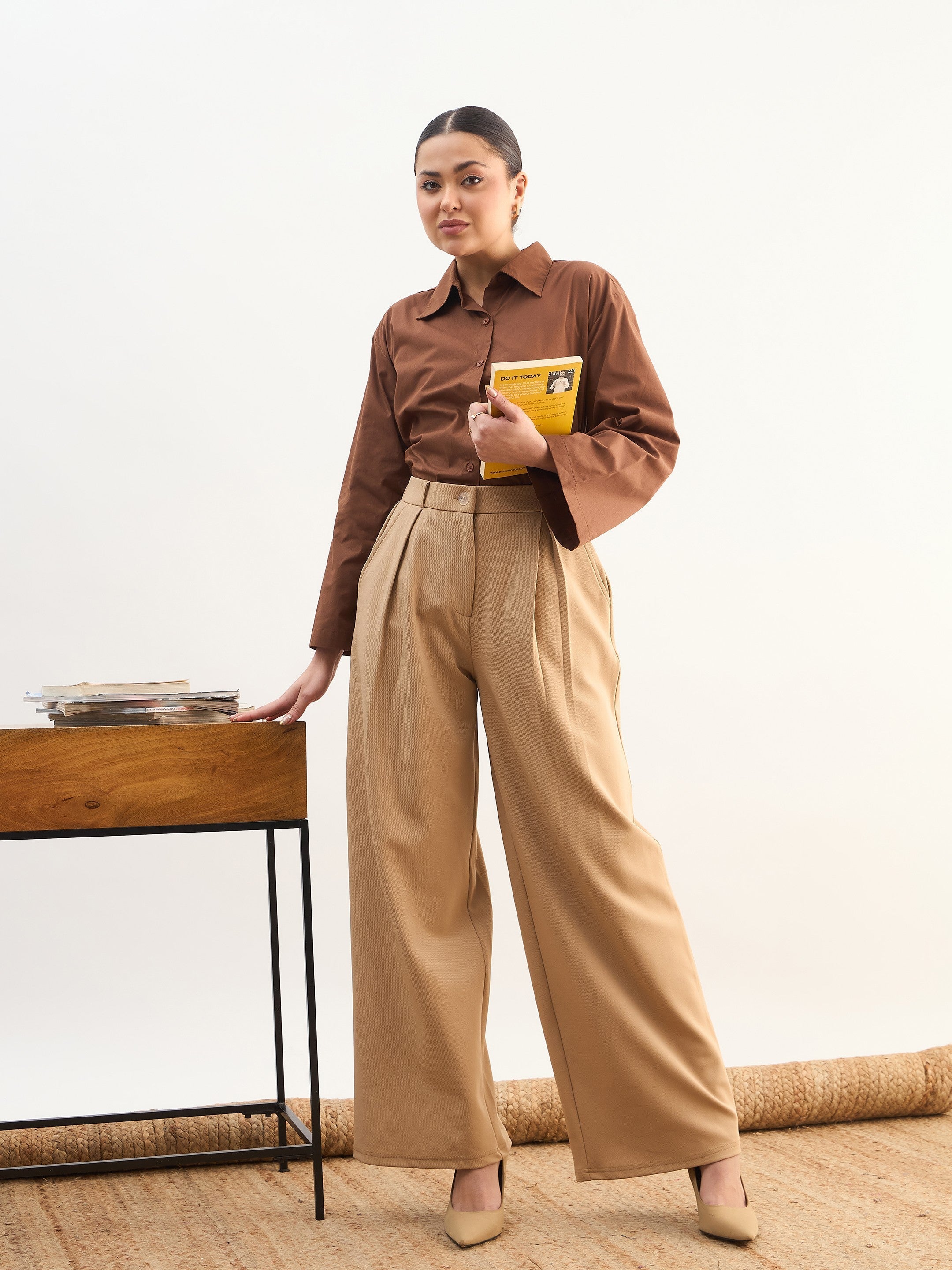 DesiQlo Beige High-Rise Inverted Box Pleat Pants - Beige