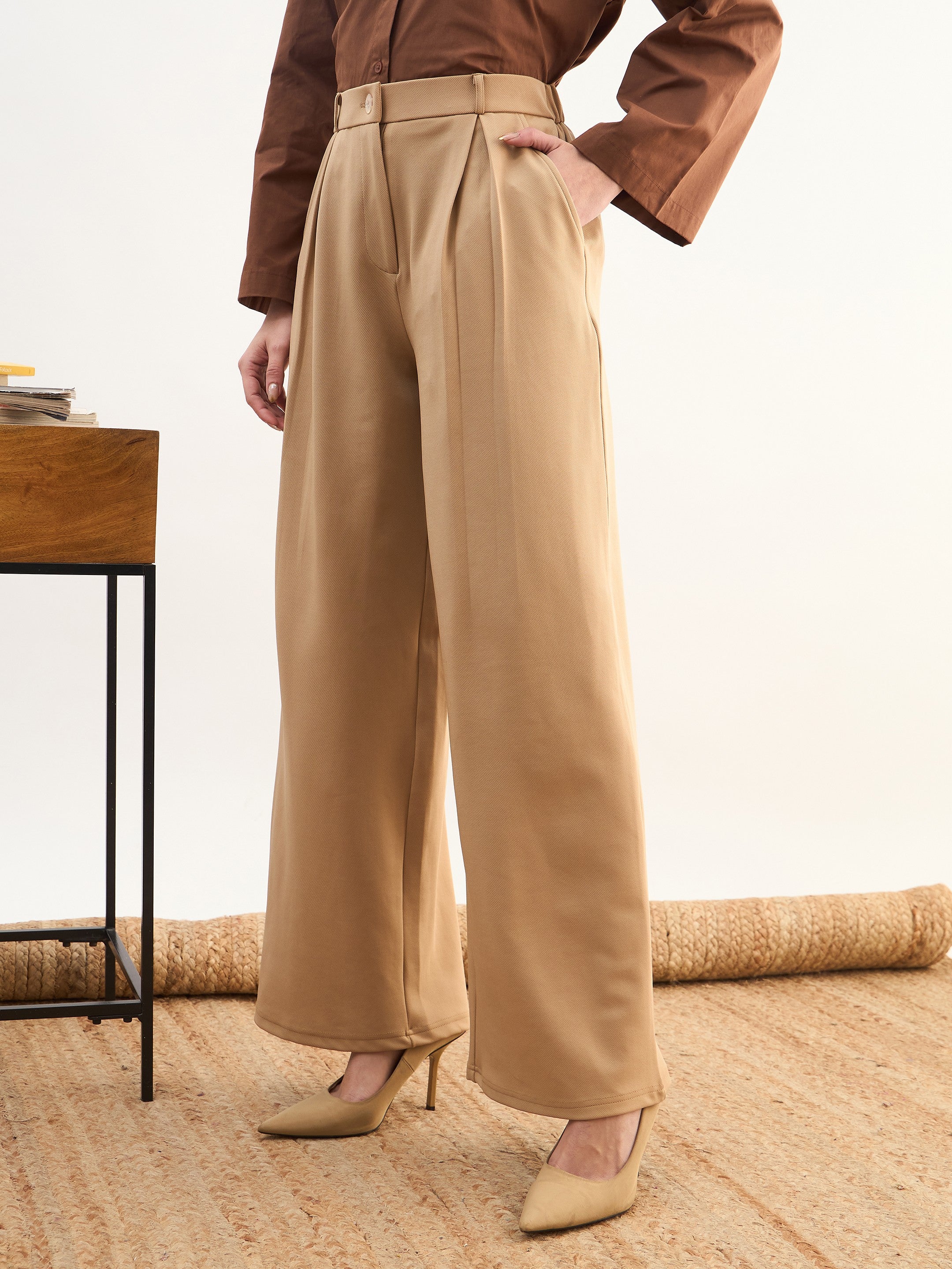 DesiQlo Beige High-Rise Inverted Box Pleat Pants - Beige