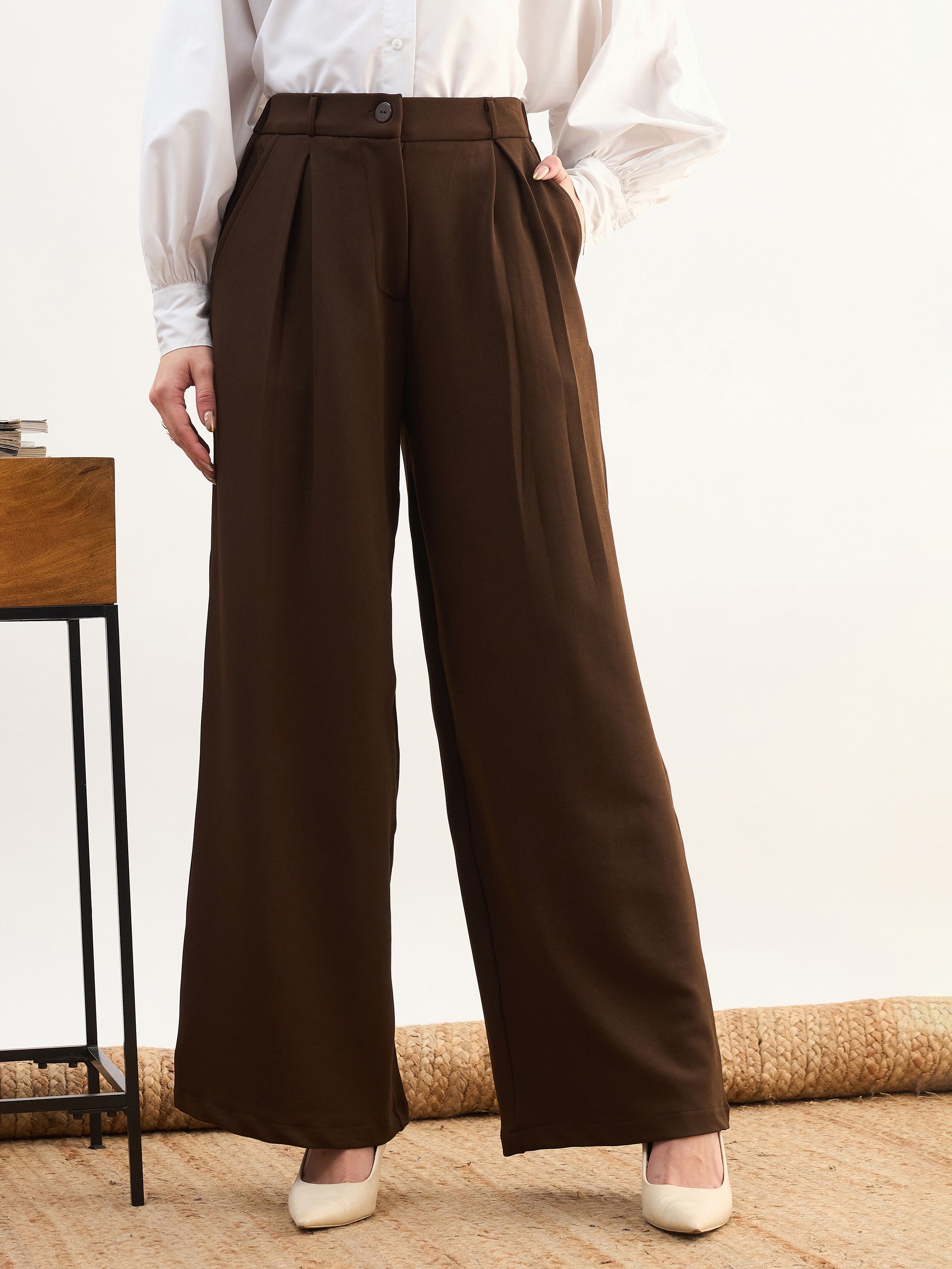 DesiQlo Coffee Brown High-Rise Inverted Box Pleat Pants - Brown