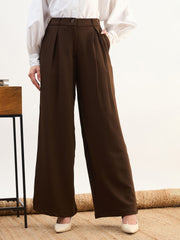 Women Coffee Brown High-Rise Inverted Box Pleat Pants