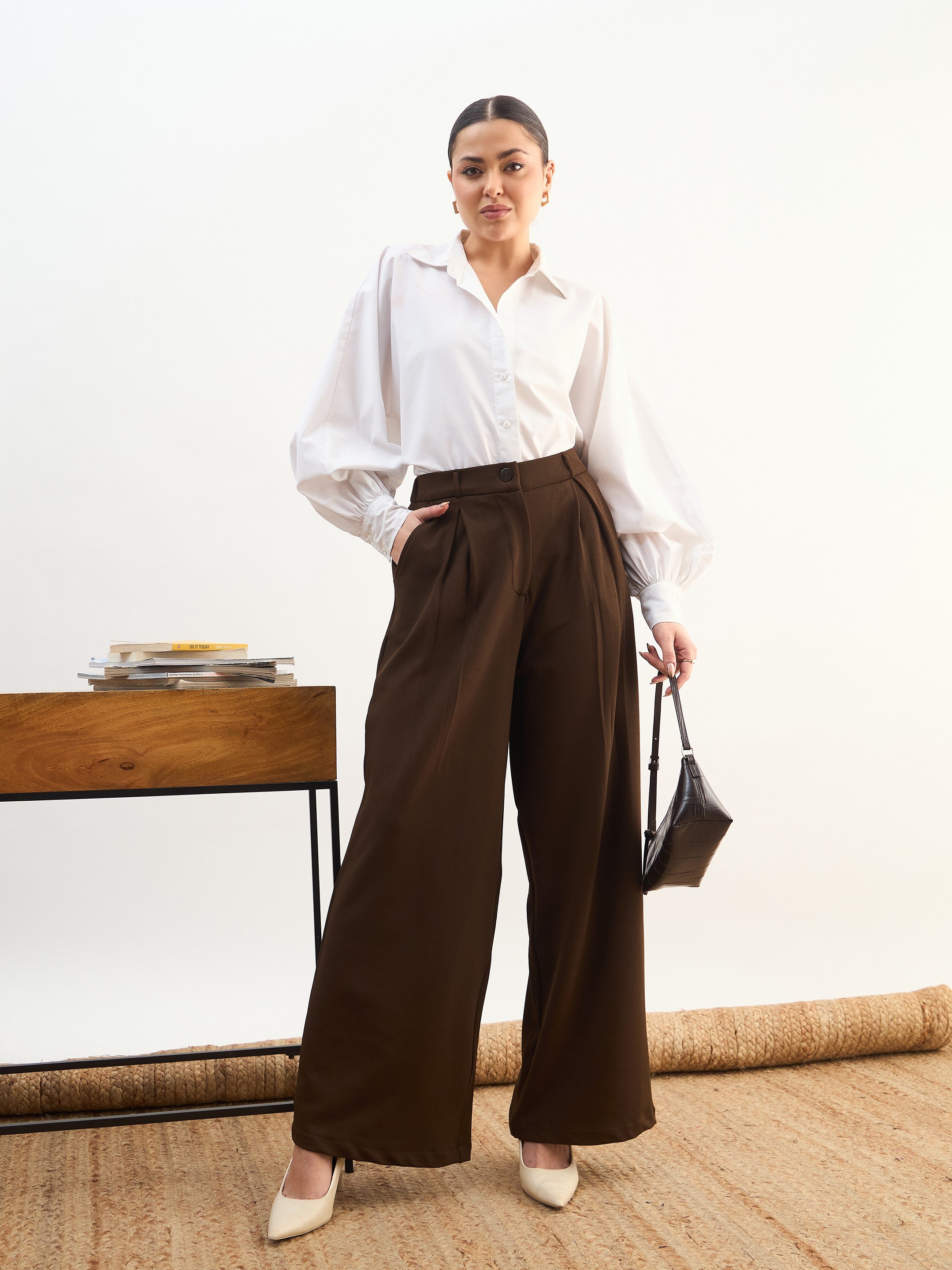 DesiQlo Coffee Brown High-Rise Inverted Box Pleat Pants - Brown