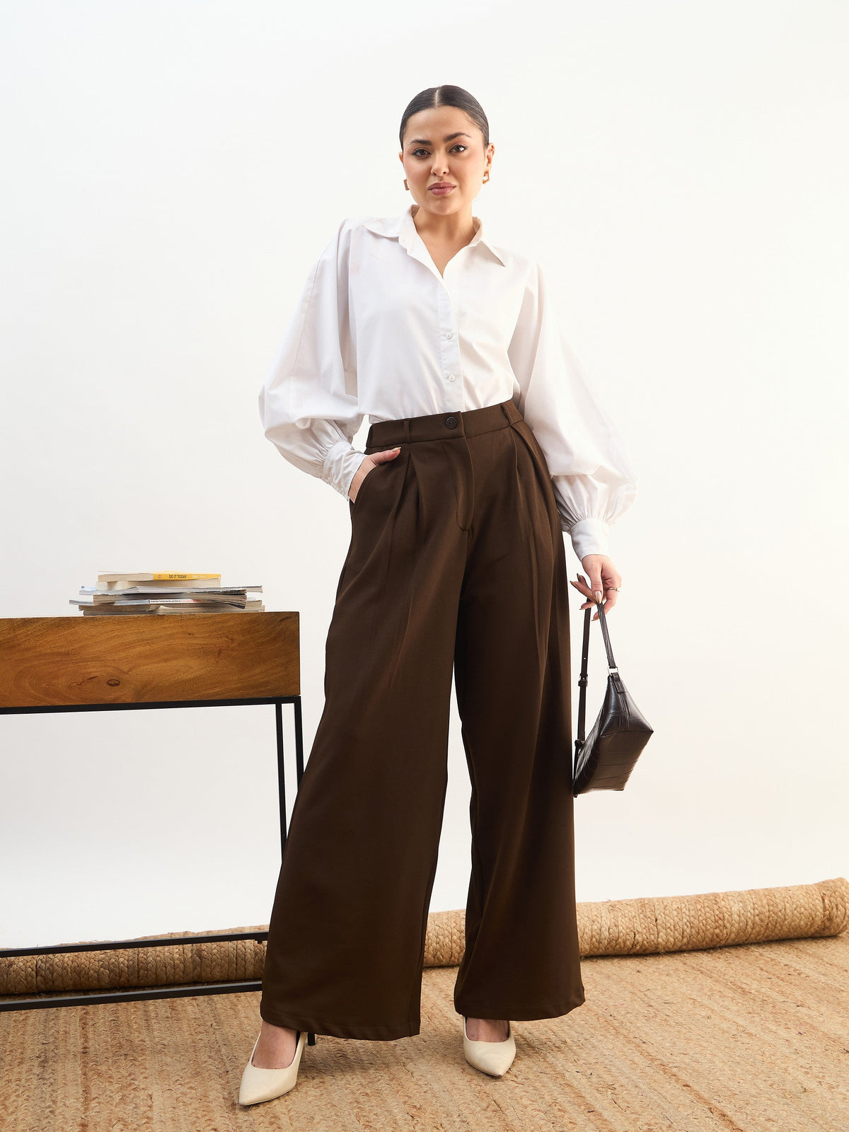 Women Coffee Brown High-Rise Inverted Box Pleat Pants
