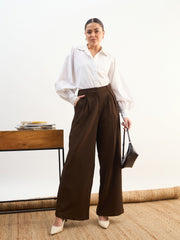Women Coffee Brown High-Rise Inverted Box Pleat Pants