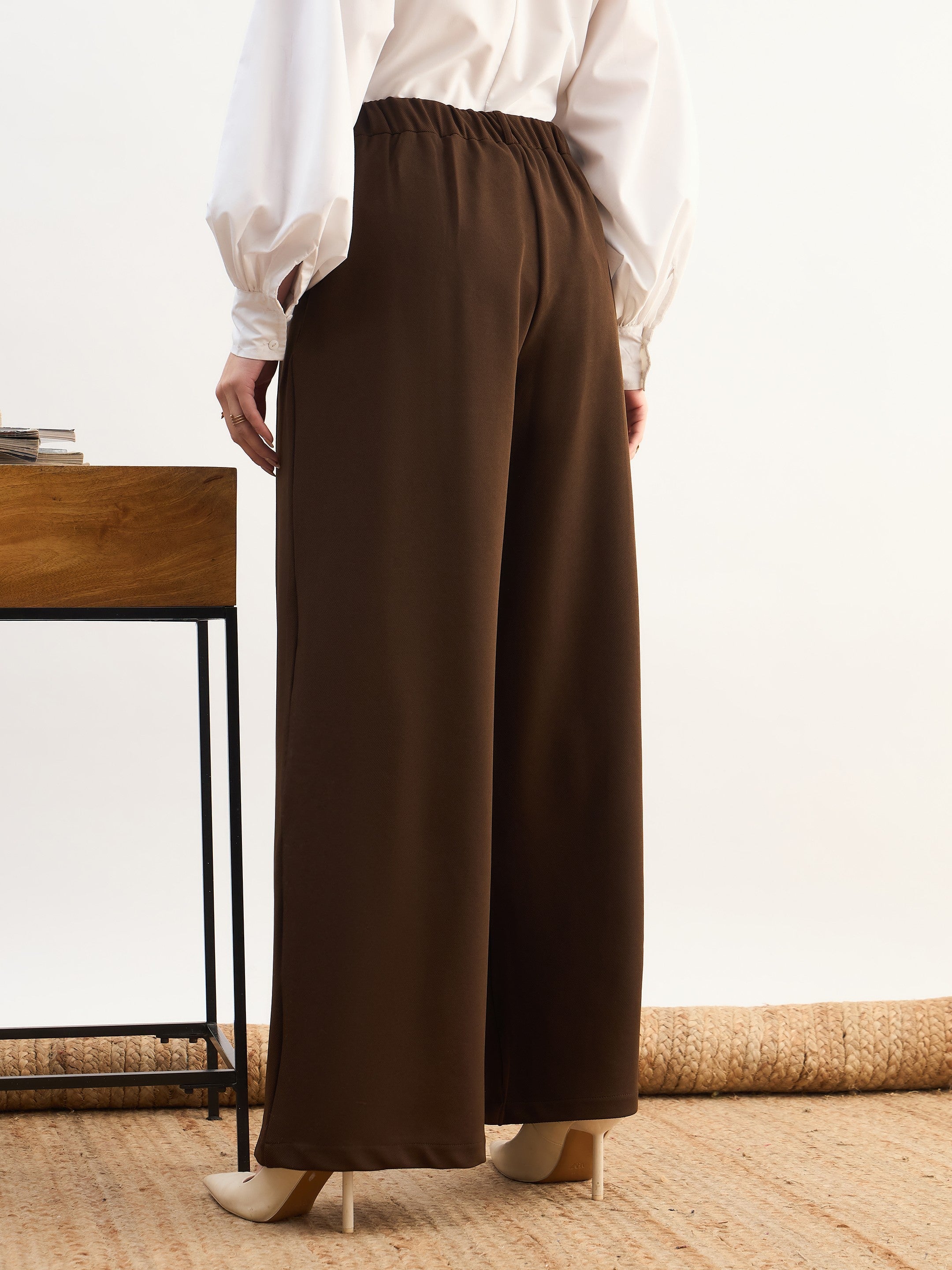 DesiQlo Coffee Brown High-Rise Inverted Box Pleat Pants - Brown