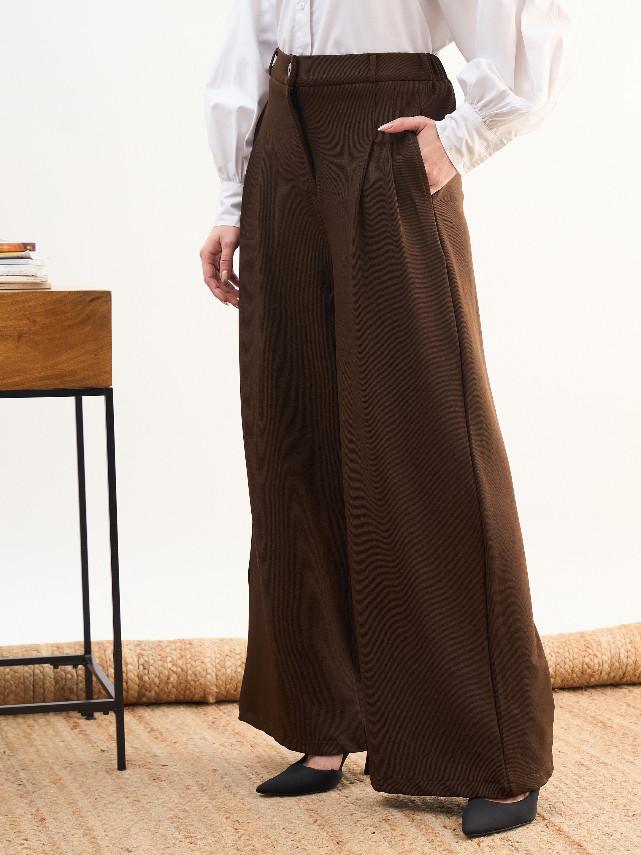 DesiQlo Coffee Brown Dual Dart Wide Leg Pants - Brown