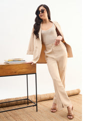 Women Beige Front Slit Bellbottom Pants