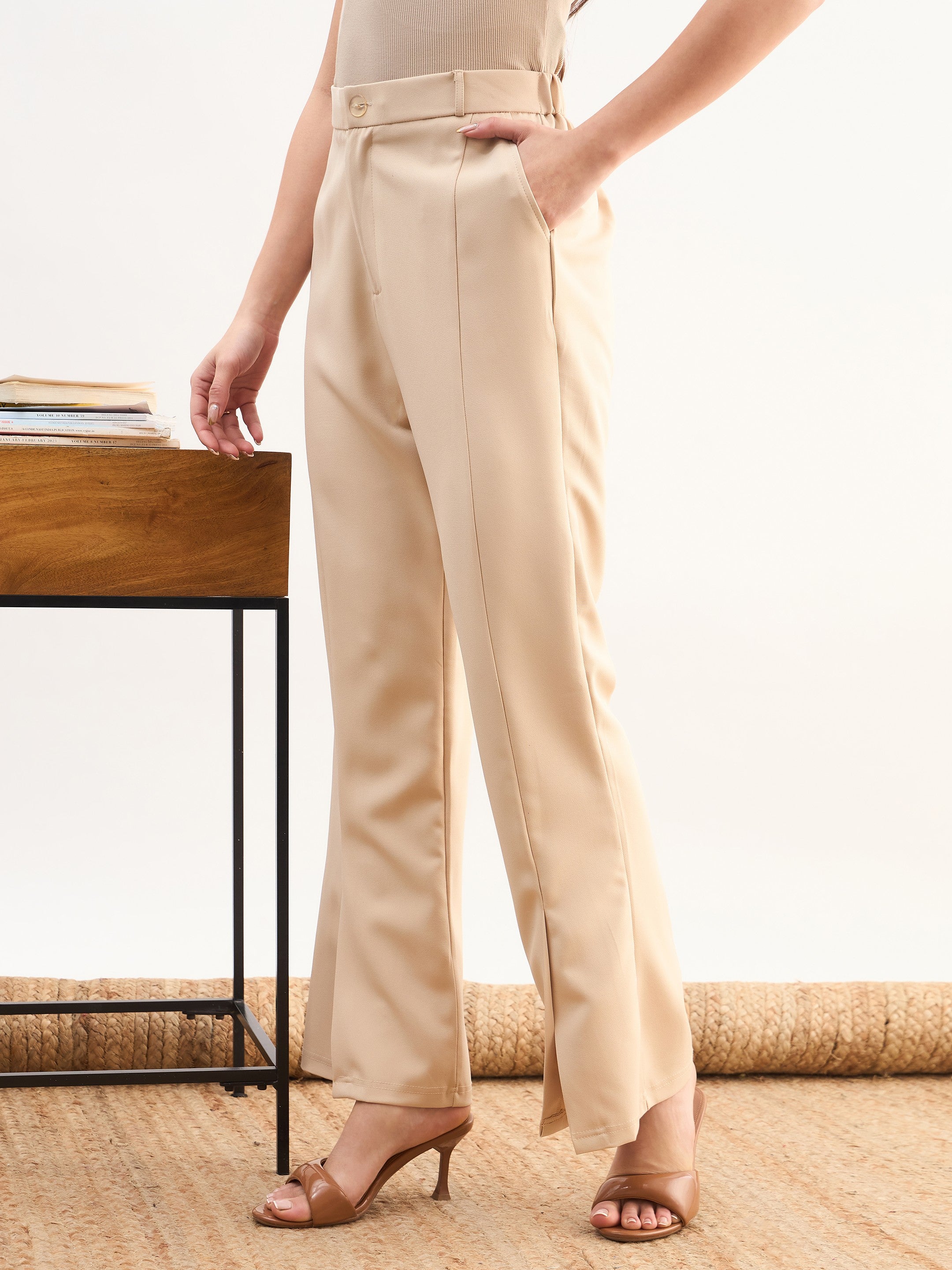 DesiQlo Beige Front Slit Bellbottom Pants - Beige