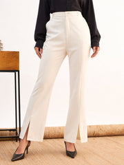 Women White Front Slit Bellbottom Pants