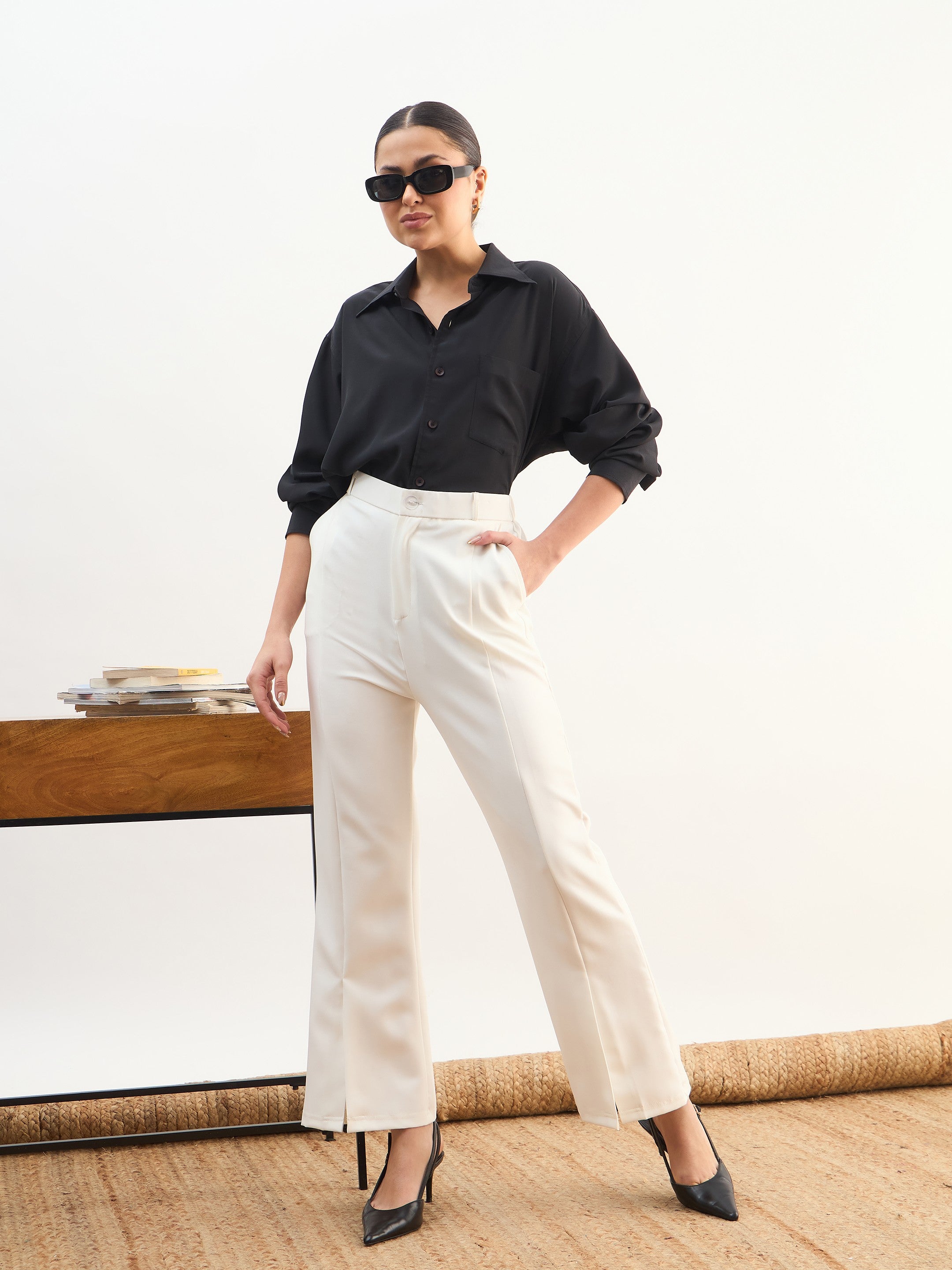 DesiQlo White Front Slit Bellbottom Pants - White