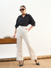 Women White Front Slit Bellbottom Pants