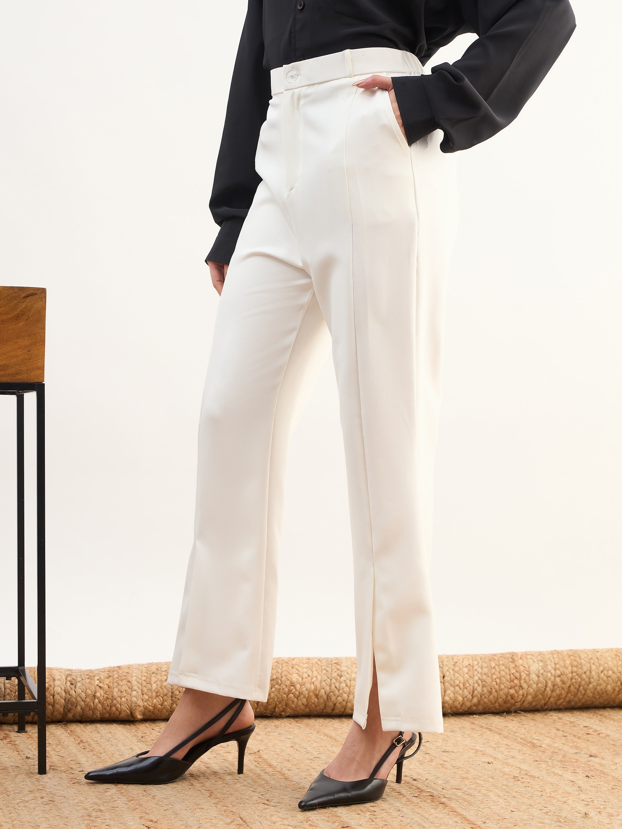 DesiQlo White Front Slit Bellbottom Pants - White