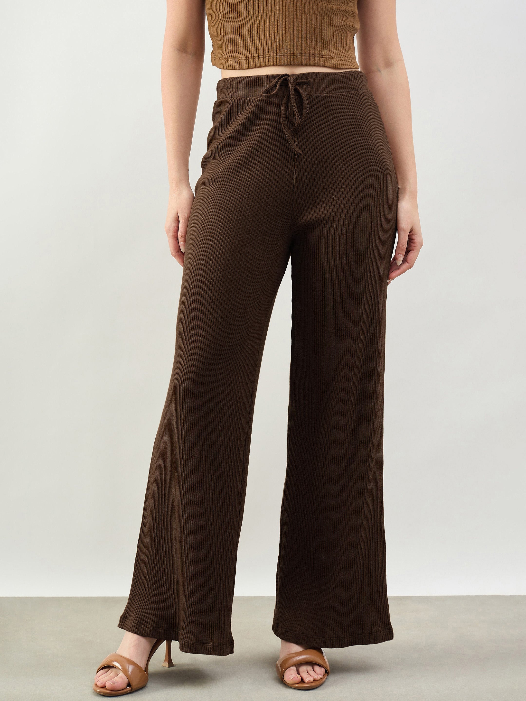 DesiQlo Brown Rib Drawstring Pants - Brown