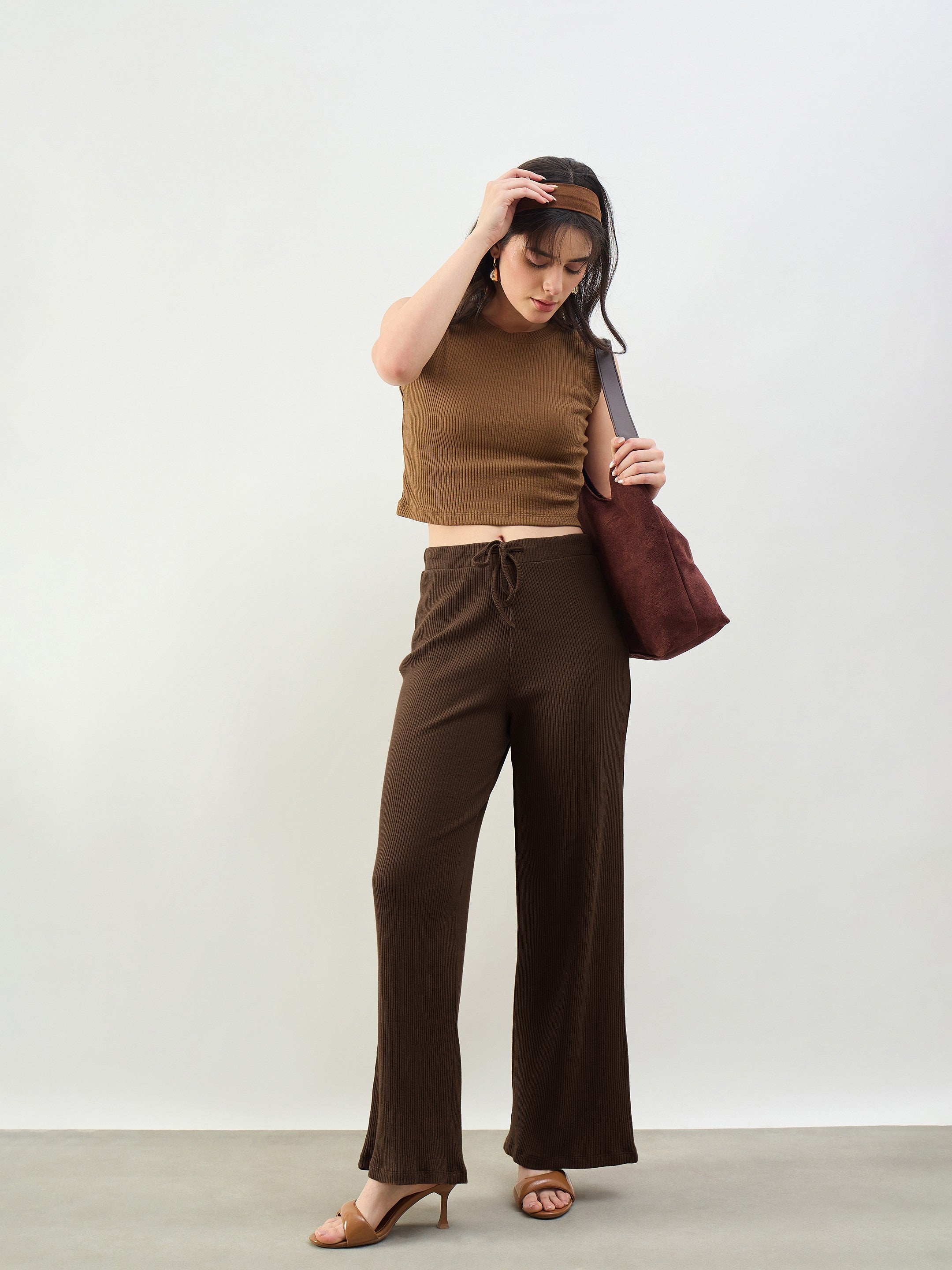 DesiQlo Brown Rib Drawstring Pants - Brown