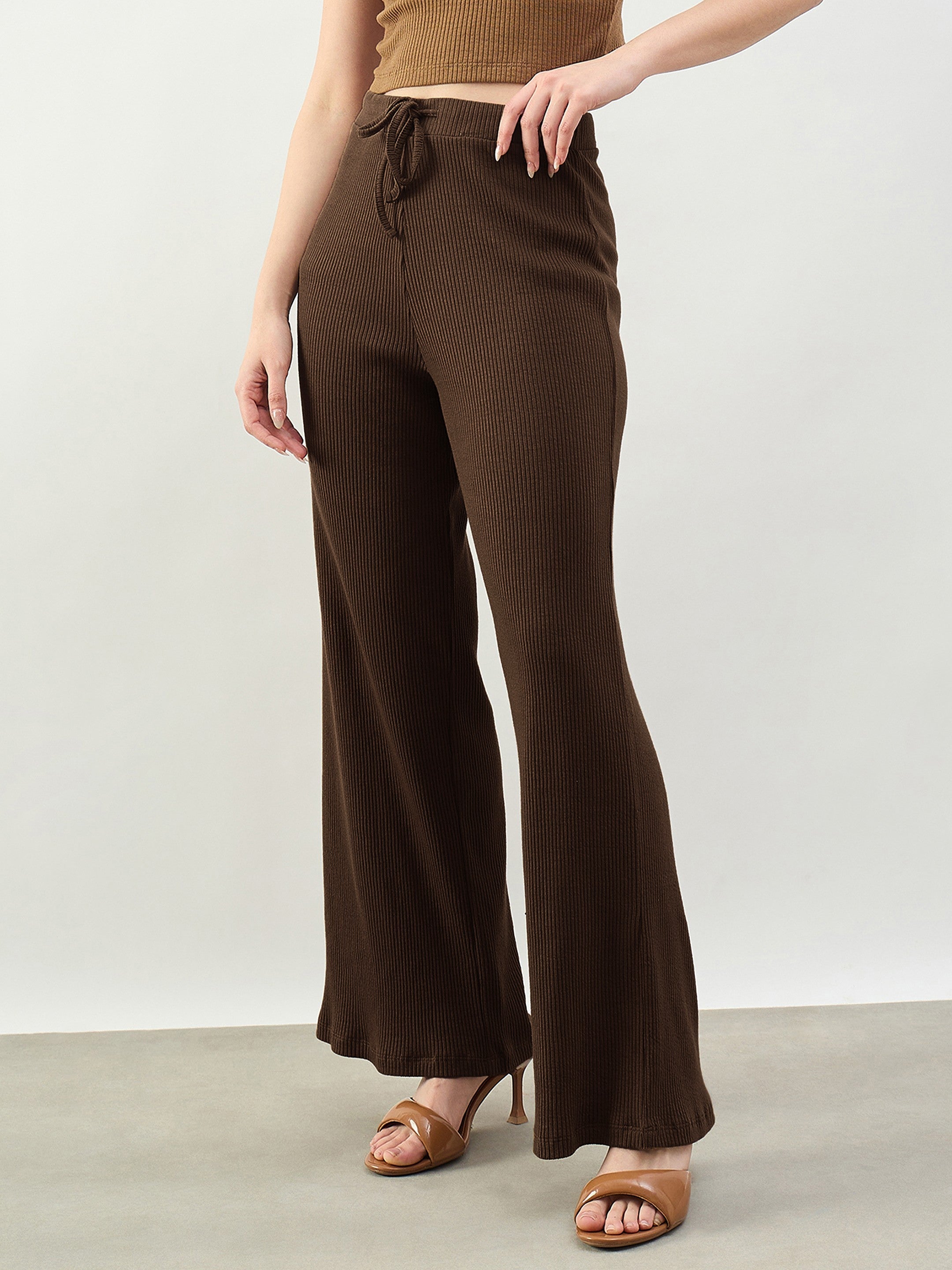 DesiQlo Brown Rib Drawstring Pants - Brown