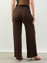 Women Brown Rib Drawstring Pants