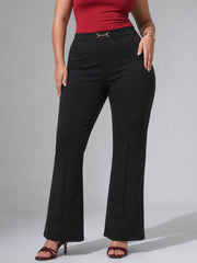 Women Black Roma Front Metal Trim Bell Bottom Pants