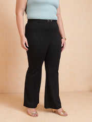 Women Black Roma Front Metal Trim Bell Bottom Pants