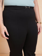 Women Black Roma Front Metal Trim Bell Bottom Pants